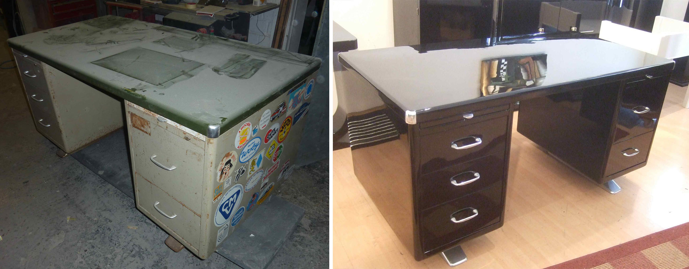 Mauser Schreibtisch unrestauriert und restauriert